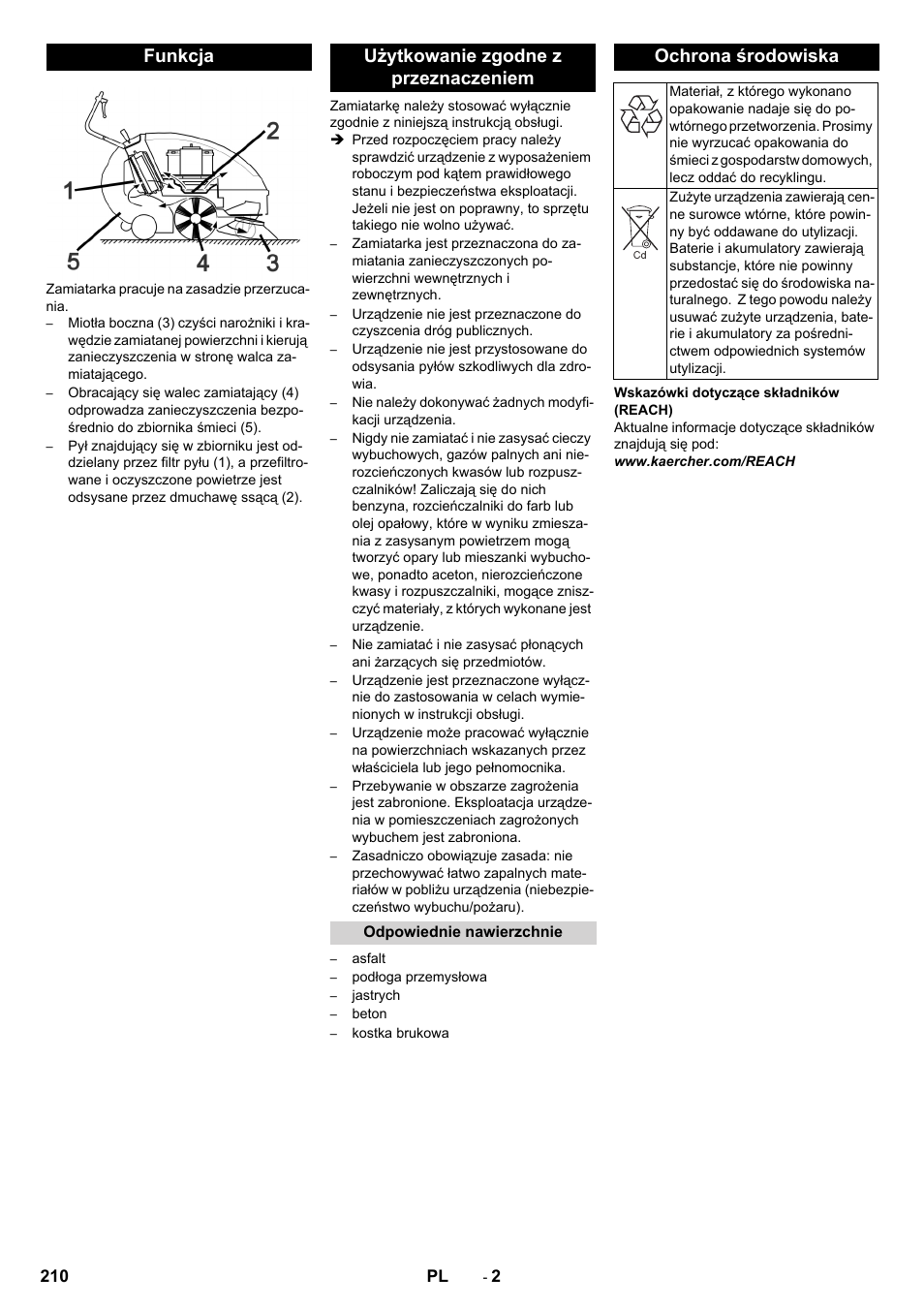 Funkcja, Użytkowanie zgodne z przeznaczeniem, Odpowiednie nawierzchnie | Ochrona środowiska, Funkcja użytkowanie zgodne z przeznaczeniem | Karcher KM 85-50 W Bp Adv User Manual | Page 210 / 336