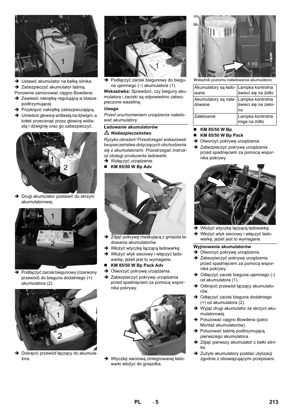 Ładowanie akumulatorów, Wyjmowanie akumulatorów | Karcher KM 85-50 W Bp Adv User Manual | Page 213 / 336