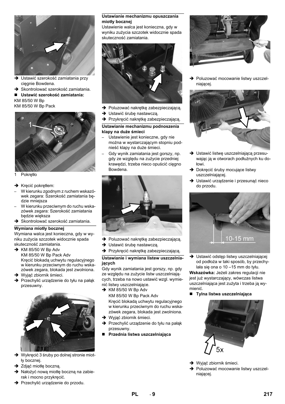 Wymiana miotły bocznej, Ustawianie mechanizmu opuszczania miotły bocznej, Ustawianie i wymiana listew uszczelniających | Karcher KM 85-50 W Bp Adv User Manual | Page 217 / 336