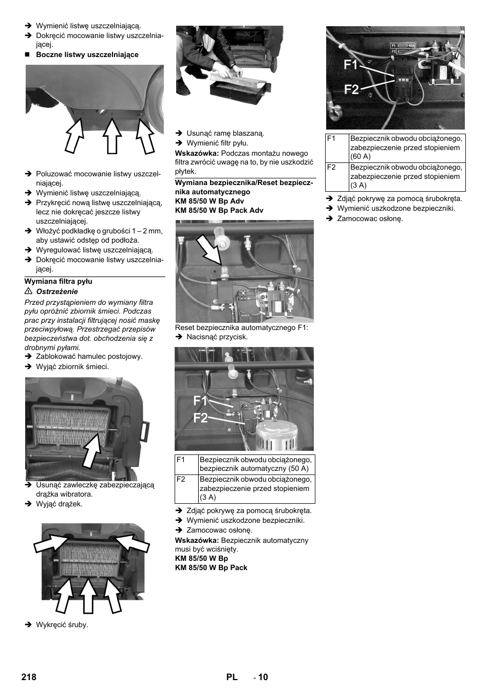 Wymiana filtra pyłu | Karcher KM 85-50 W Bp Adv User Manual | Page 218 / 336