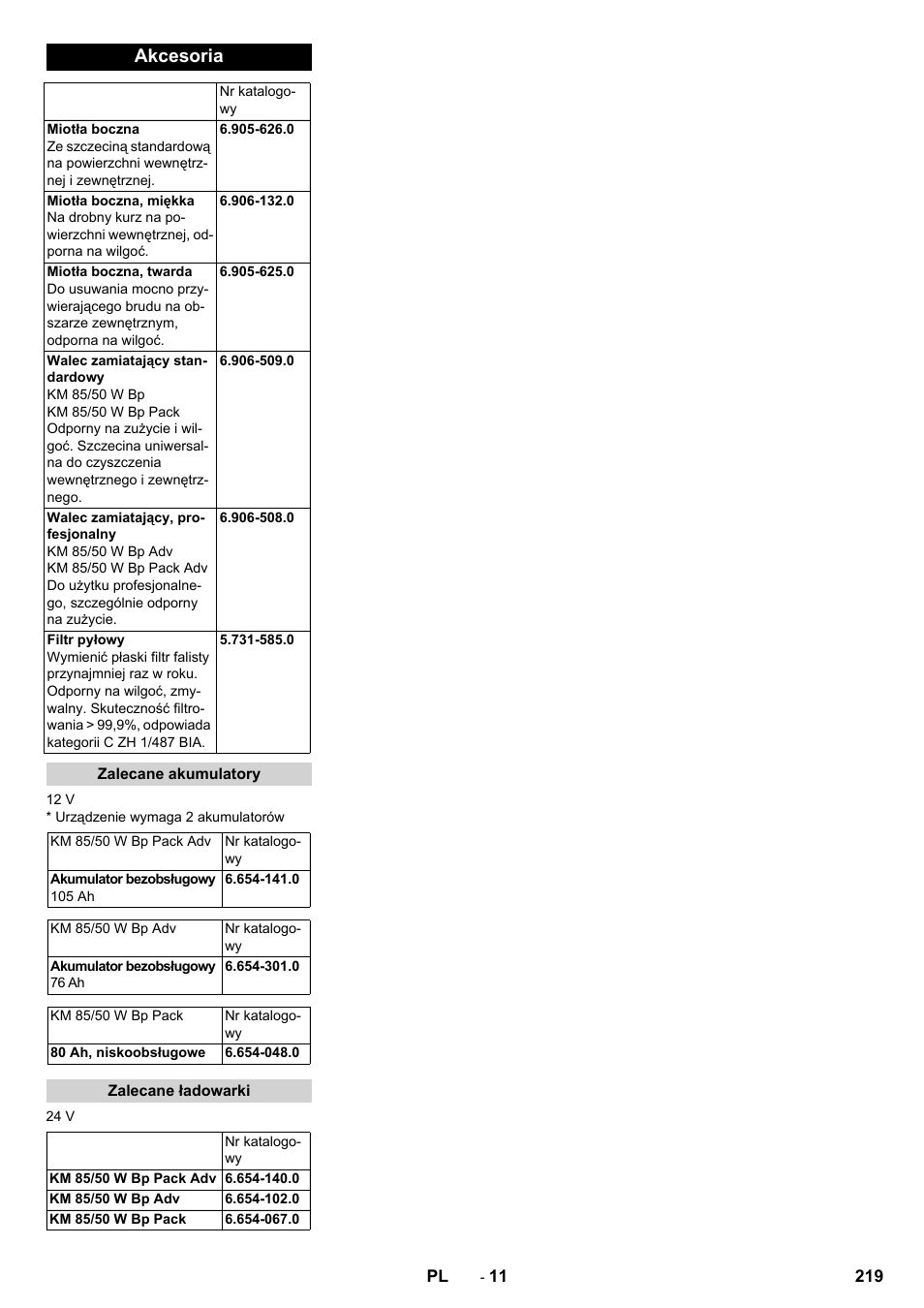 Akcesoria, Zalecane akumulatory, Zalecane ładowarki | Karcher KM 85-50 W Bp Adv User Manual | Page 219 / 336