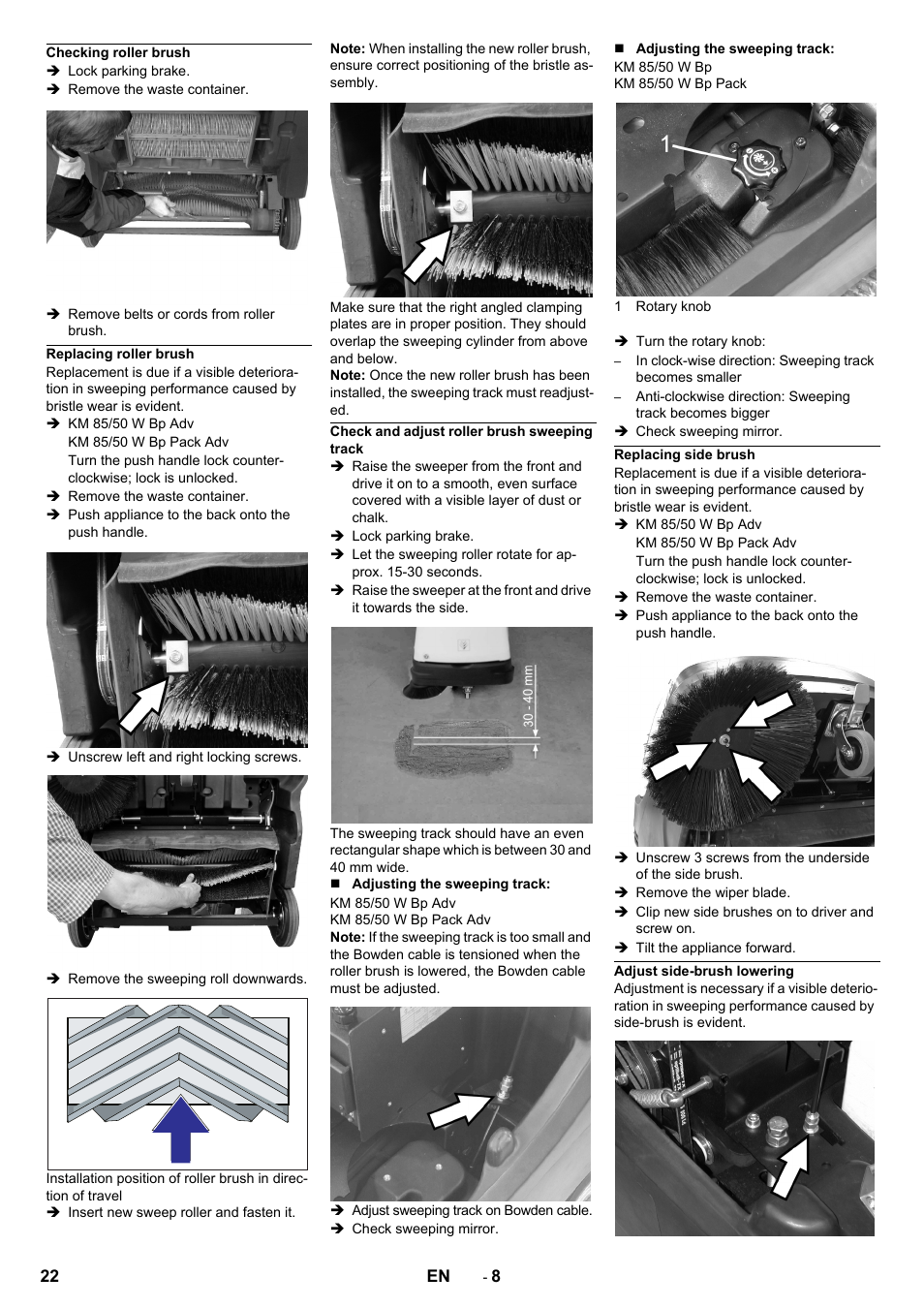 Checking roller brush, Replacing roller brush, Check and adjust roller brush sweeping track | Replacing side brush, Adjust side-brush lowering | Karcher KM 85-50 W Bp Adv User Manual | Page 22 / 336