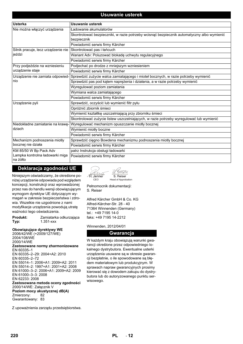 Usuwanie usterek, Deklaracja zgodności ue, Gwarancja | Karcher KM 85-50 W Bp Adv User Manual | Page 220 / 336