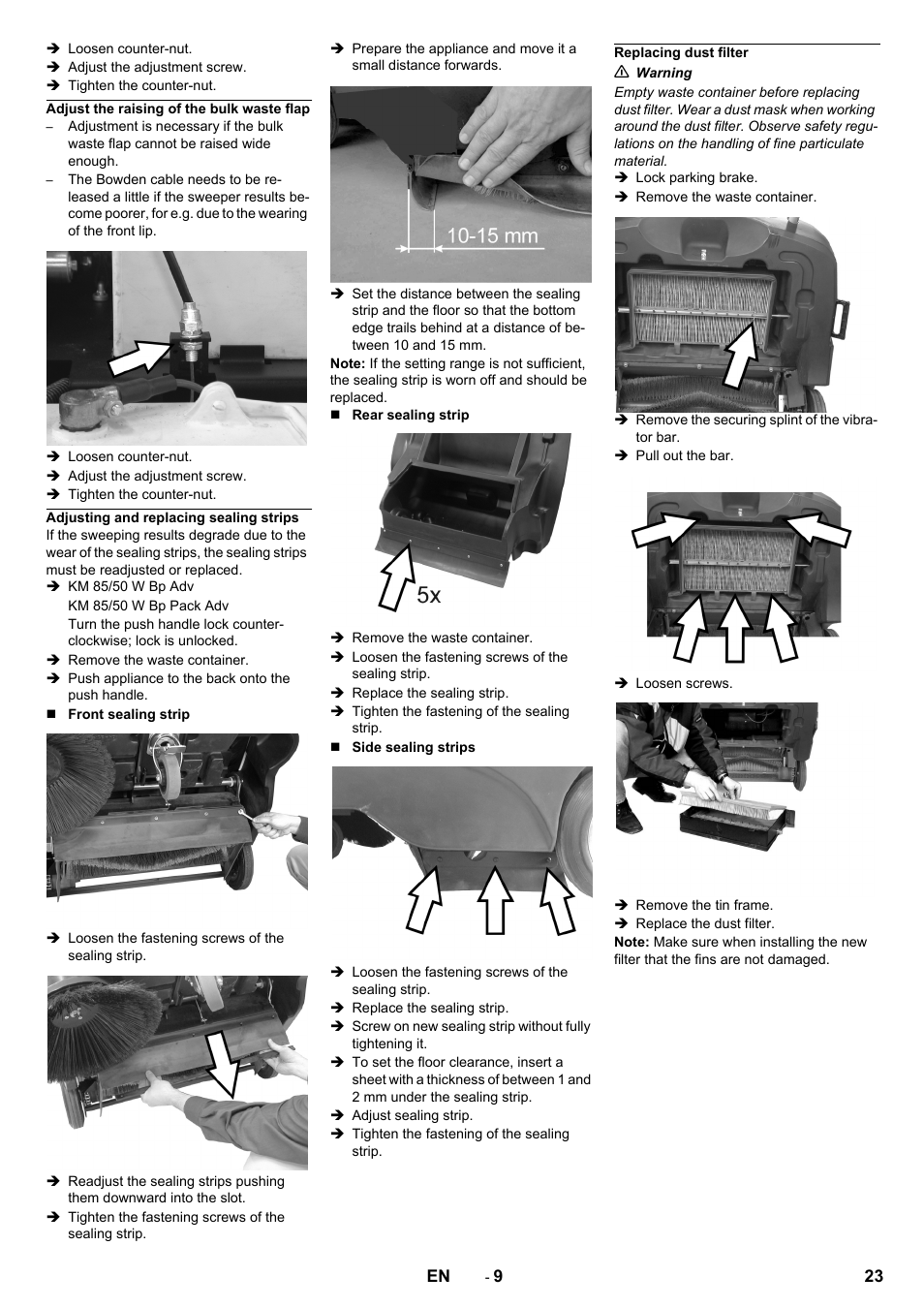 Adjust the raising of the bulk waste flap, Adjusting and replacing sealing strips, Replacing dust filter | Karcher KM 85-50 W Bp Adv User Manual | Page 23 / 336