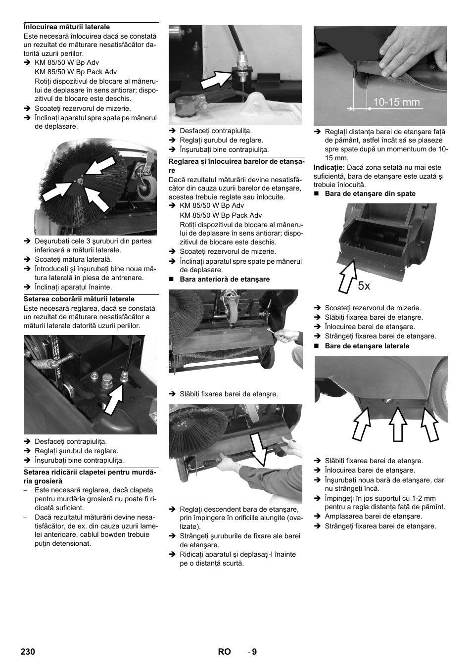 Înlocuirea măturii laterale, Setarea coborârii măturii laterale, Reglarea şi înlocuirea barelor de etanşare | Karcher KM 85-50 W Bp Adv User Manual | Page 230 / 336