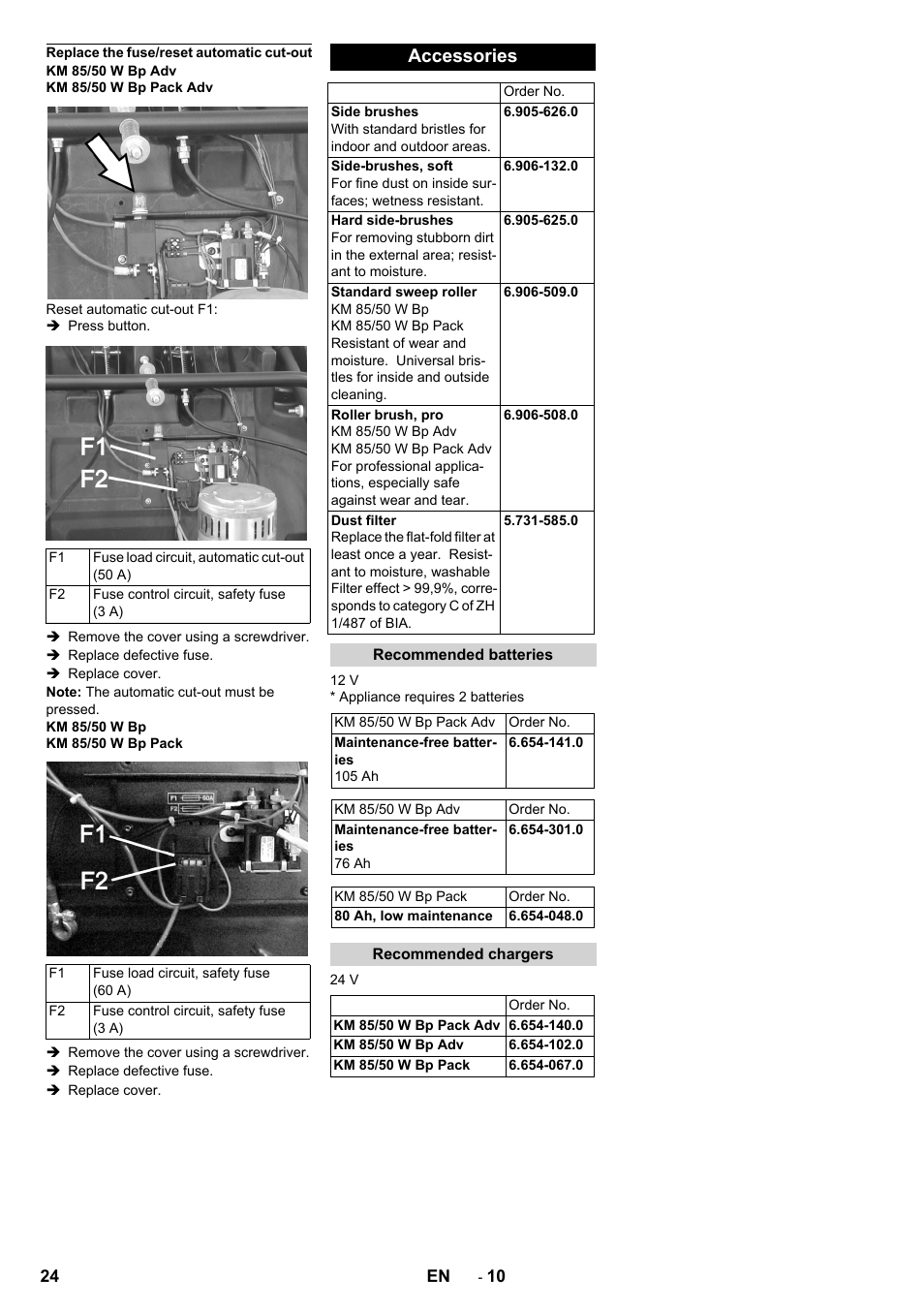 Replace the fuse/reset automatic cut-out, Accessories, Recommended batteries | Recommended chargers | Karcher KM 85-50 W Bp Adv User Manual | Page 24 / 336
