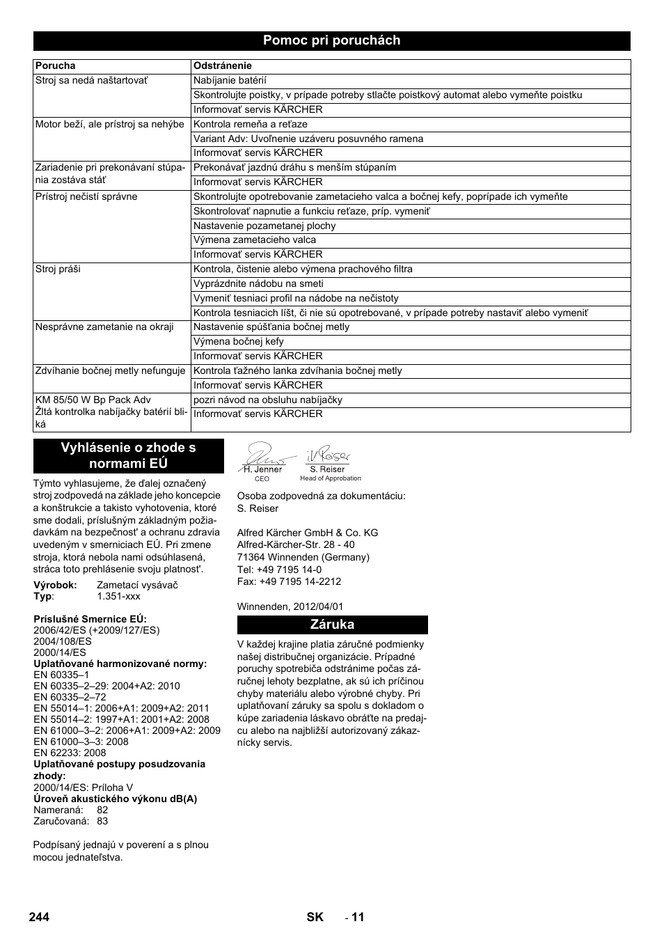 Pomoc pri poruchách, Vyhlásenie o zhode s normami eú, Záruka | Karcher KM 85-50 W Bp Adv User Manual | Page 244 / 336
