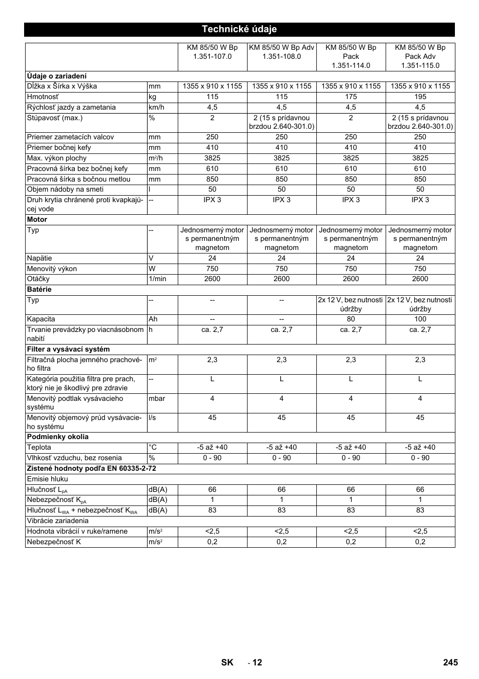 Technické údaje | Karcher KM 85-50 W Bp Adv User Manual | Page 245 / 336