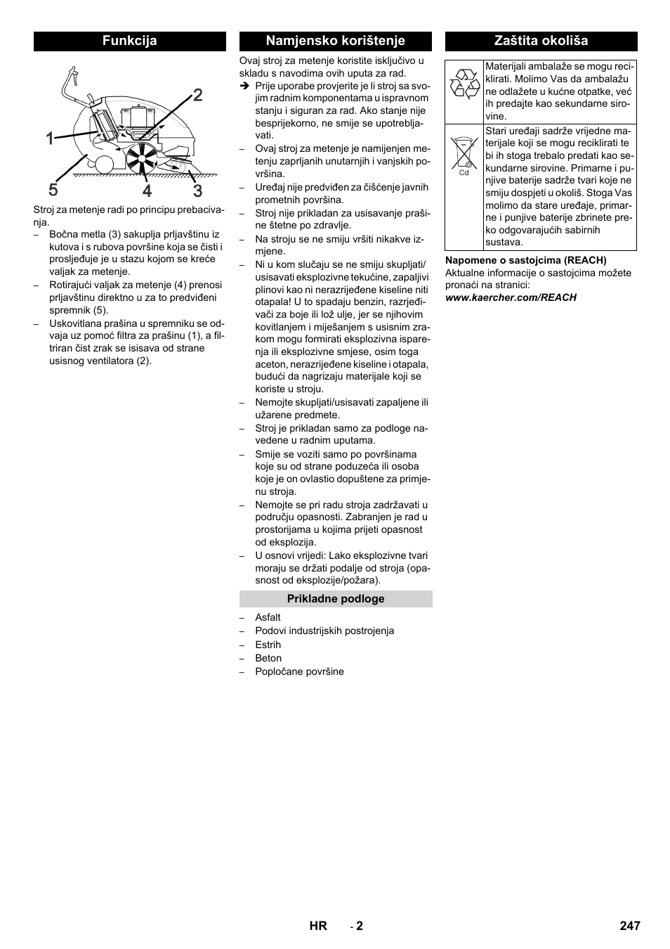 Funkcija, Namjensko korištenje, Prikladne podloge | Zaštita okoliša, Funkcija namjensko korištenje | Karcher KM 85-50 W Bp Adv User Manual | Page 247 / 336