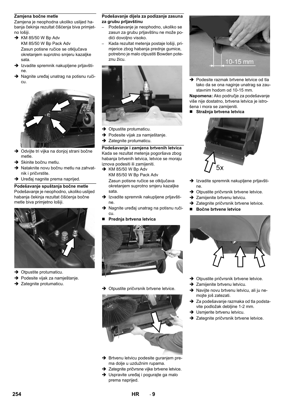Zamjena bočne metle, Podešavanje spuštanja bočne metle, Podešavanje i zamjena brtvenih letvica | Karcher KM 85-50 W Bp Adv User Manual | Page 254 / 336