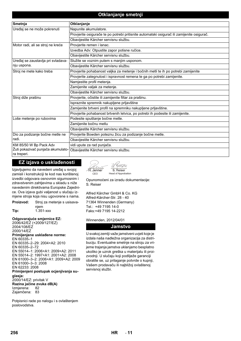 Otklanjanje smetnji, Ez izjava o usklađenosti, Jamstvo | Karcher KM 85-50 W Bp Adv User Manual | Page 256 / 336