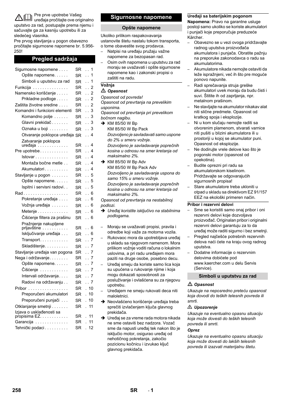 Sr srpski, Pregled sadržaja, Sigurnosne napomene | Opšte napomene, Vožnja, Uređaji sa baterijskim pogonom, Pribor i rezervni delovi, Simboli u uputstvu za rad | Karcher KM 85-50 W Bp Adv User Manual | Page 258 / 336