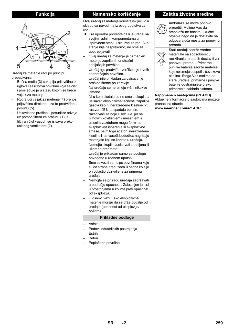 Funkcija, Namensko korišćenje, Prikladne podloge | Zaštita životne sredine, Funkcija namensko korišćenje | Karcher KM 85-50 W Bp Adv User Manual | Page 259 / 336