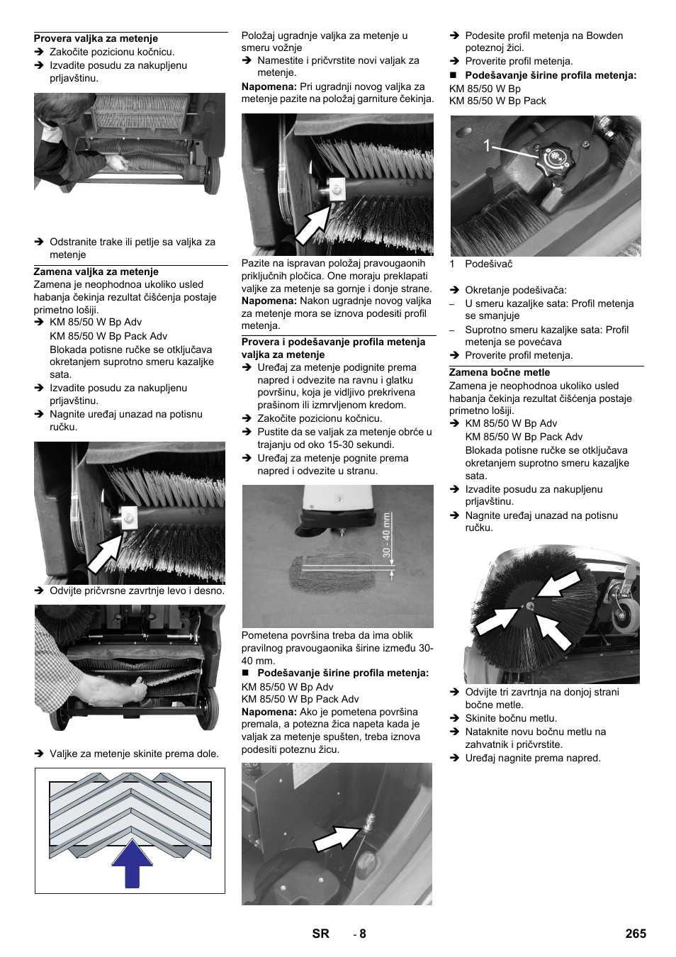 Provera valjka za metenje, Zamena valjka za metenje, Zamena bočne metle | Karcher KM 85-50 W Bp Adv User Manual | Page 265 / 336