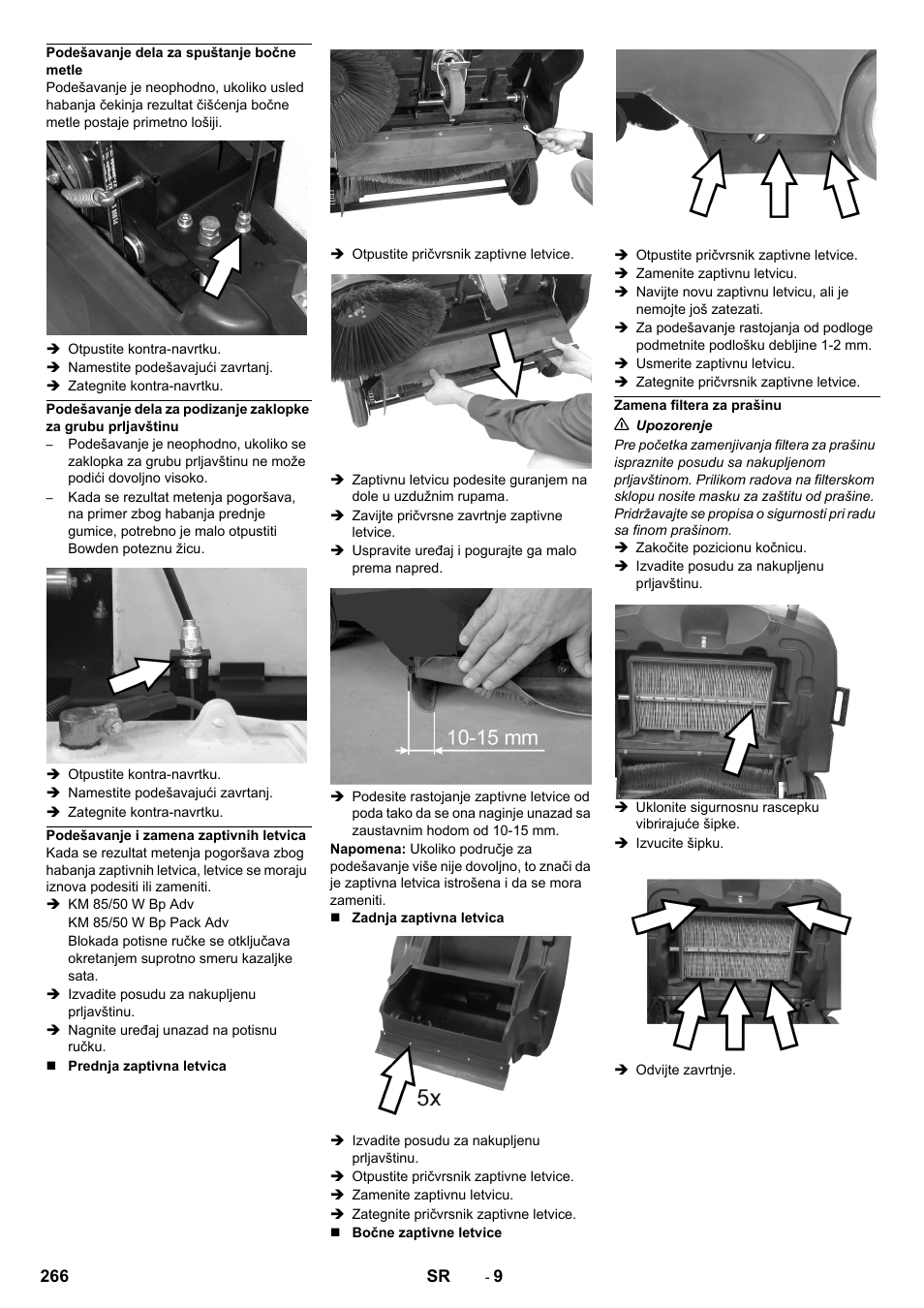 Podešavanje dela za spuštanje bočne metle, Podešavanje i zamena zaptivnih letvica, Zamena filtera za prašinu | Karcher KM 85-50 W Bp Adv User Manual | Page 266 / 336