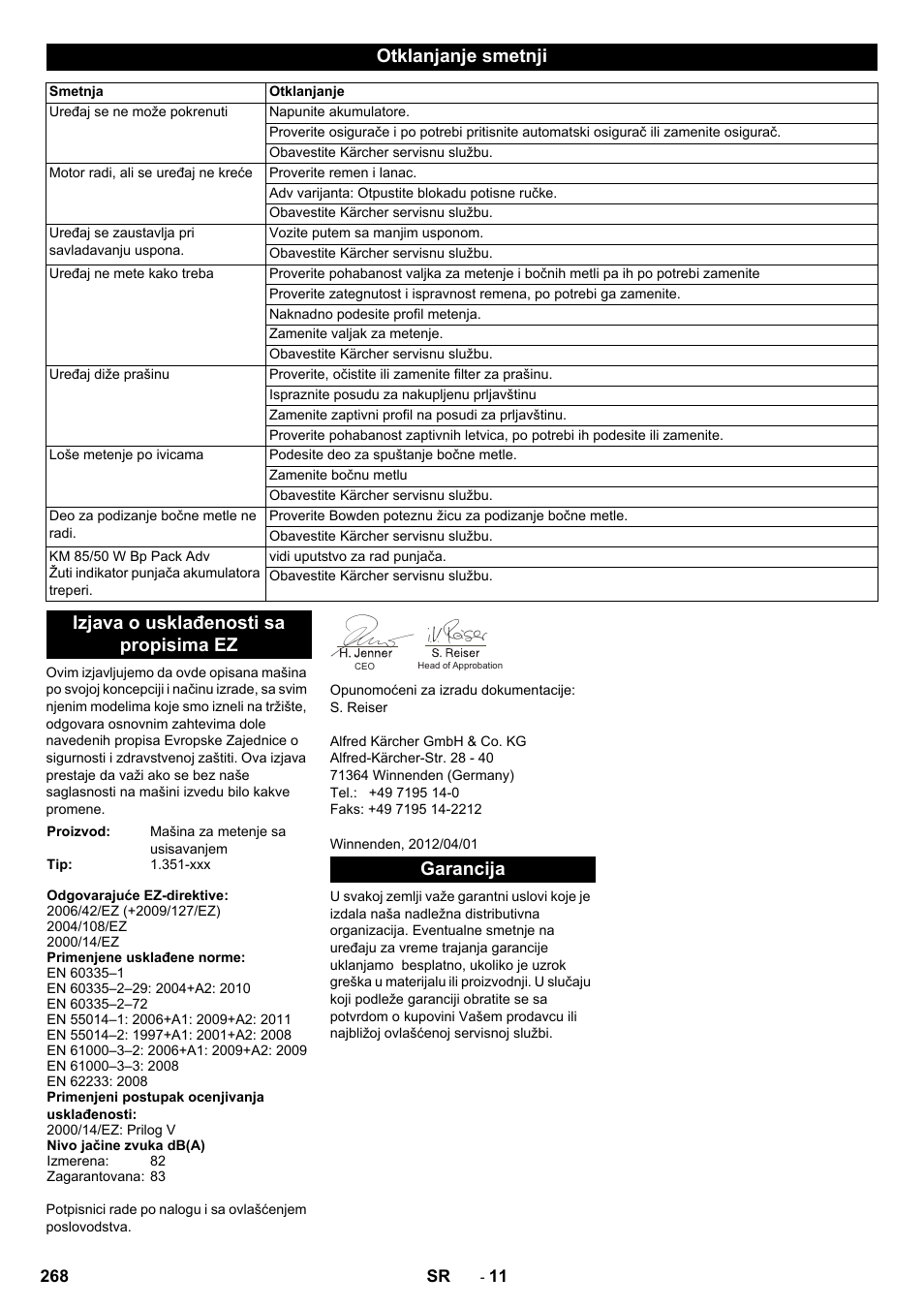 Otklanjanje smetnji, Izjava o usklađenosti sa propisima ez, Garancija | Karcher KM 85-50 W Bp Adv User Manual | Page 268 / 336