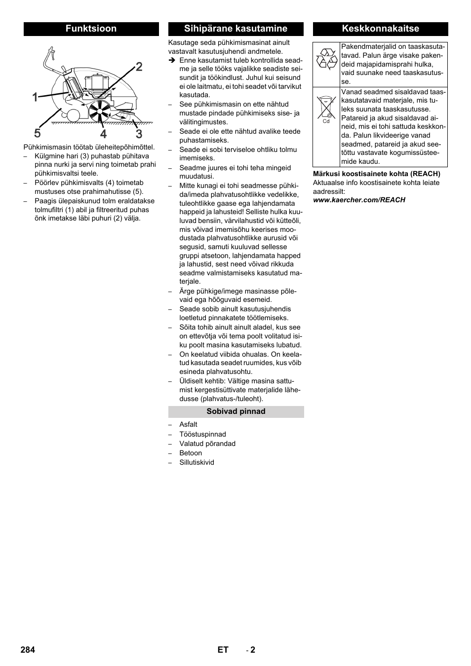 Funktsioon, Sihipärane kasutamine, Sobivad pinnad | Keskkonnakaitse, Funktsioon sihipärane kasutamine | Karcher KM 85-50 W Bp Adv User Manual | Page 284 / 336