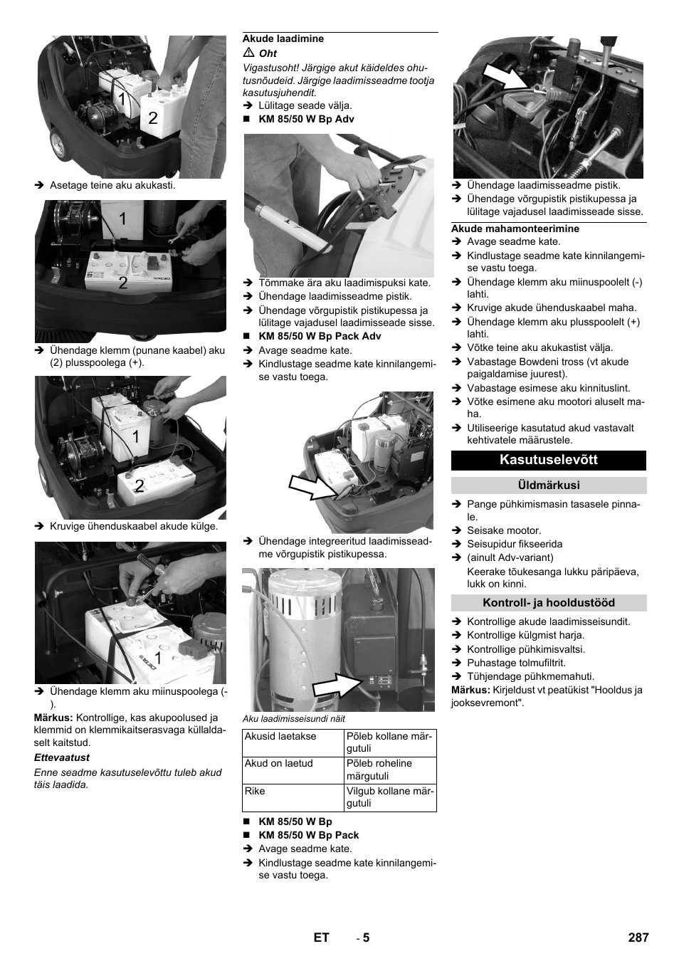 Akude laadimine, Akude mahamonteerimine, Kasutuselevõtt | Üldmärkusi, Kontroll- ja hooldustööd | Karcher KM 85-50 W Bp Adv User Manual | Page 287 / 336