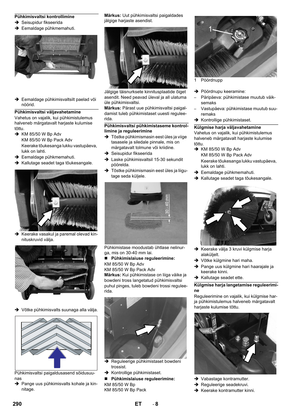 Pühkimisvaltsi kontrollimine, Pühkimisvaltsi väljavahetamine, Külgmise harja väljavahetamine | Külgmise harja langetamise reguleerimine | Karcher KM 85-50 W Bp Adv User Manual | Page 290 / 336