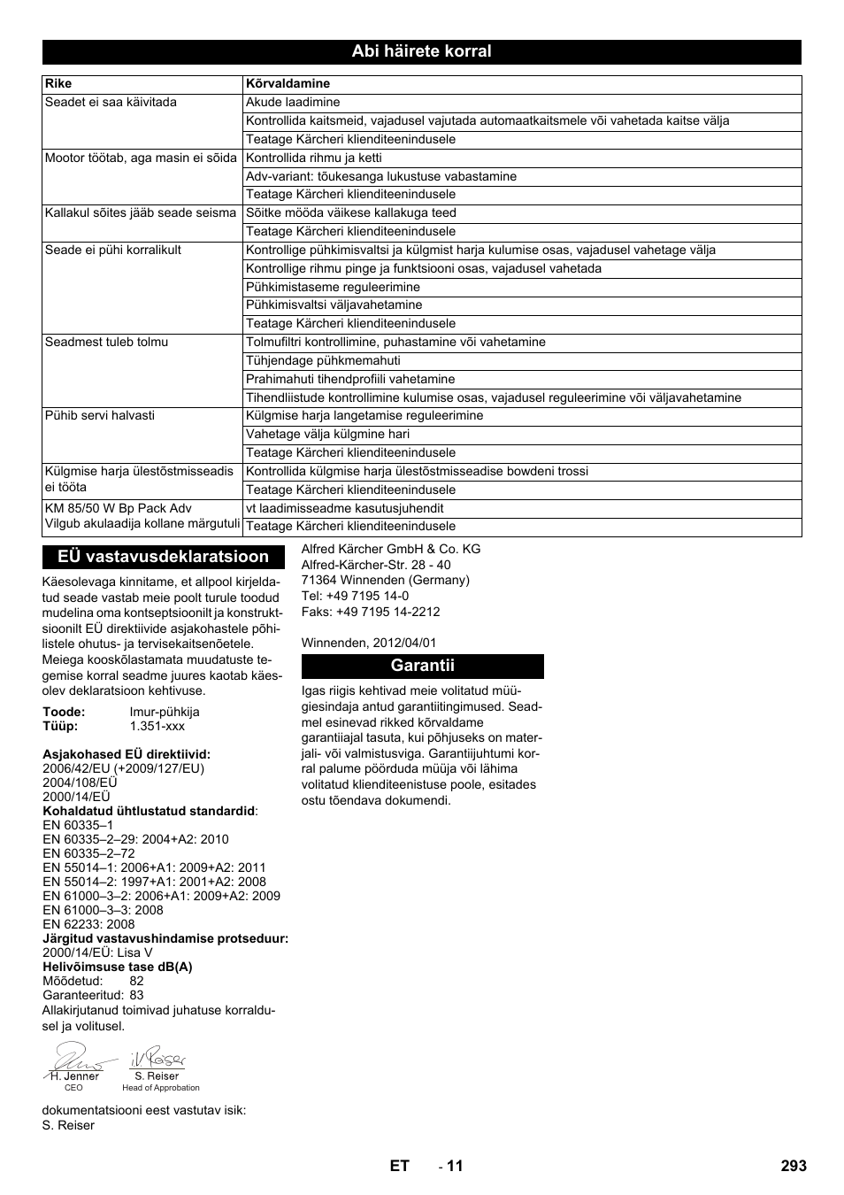 Abi häirete korral, Eü vastavusdeklaratsioon, Garantii | Karcher KM 85-50 W Bp Adv User Manual | Page 293 / 336