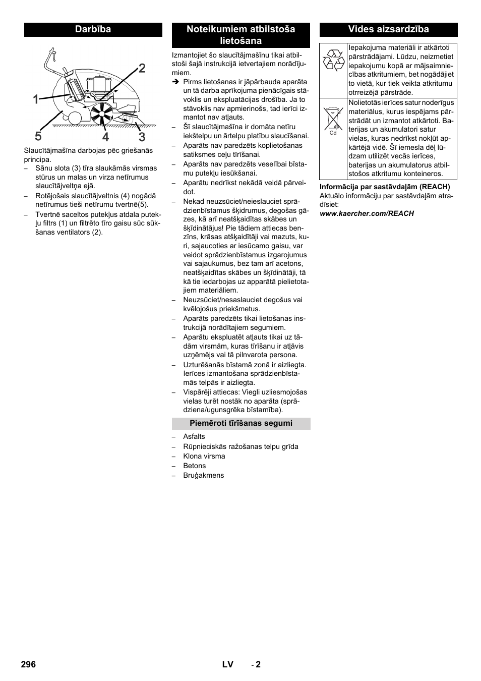 Darbība, Noteikumiem atbilstoša lietošana, Piemēroti tīrīšanas segumi | Vides aizsardzība | Karcher KM 85-50 W Bp Adv User Manual | Page 296 / 336