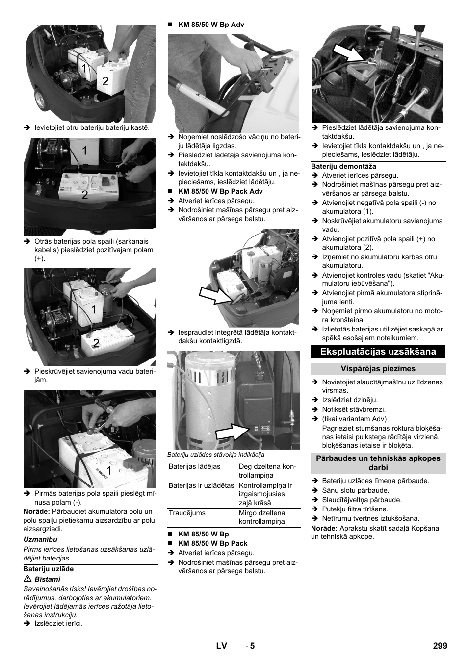 Bateriju uzlāde, Bateriju demontāža, Ekspluatācijas uzsākšana | Vispārējas piezīmes, Pārbaudes un tehniskās apkopes darbi | Karcher KM 85-50 W Bp Adv User Manual | Page 299 / 336