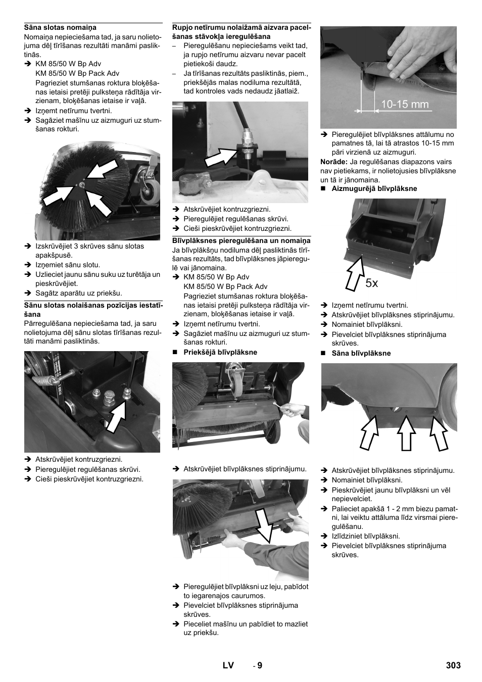Sāna slotas nomaiņa, Sānu slotas nolaišanas pozīcijas iestatīšana, Blīvplāksnes pieregulēšana un nomaiņa | Karcher KM 85-50 W Bp Adv User Manual | Page 303 / 336