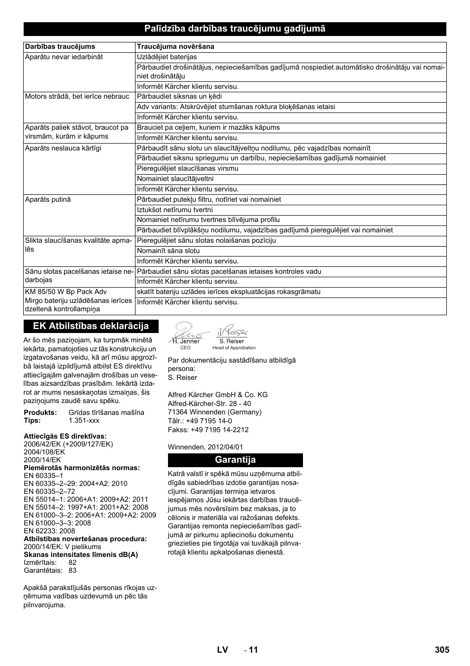 Palīdzība darbības traucējumu gadījumā, Ek atbilstības deklarācija, Garantija | Karcher KM 85-50 W Bp Adv User Manual | Page 305 / 336