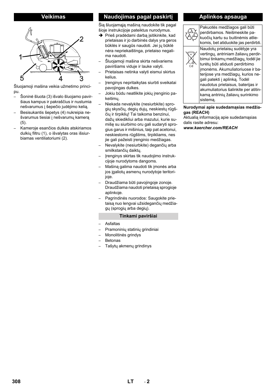 Veikimas, Naudojimas pagal paskirtį, Tinkami paviršiai | Aplinkos apsauga, Veikimas naudojimas pagal paskirtį | Karcher KM 85-50 W Bp Adv User Manual | Page 308 / 336
