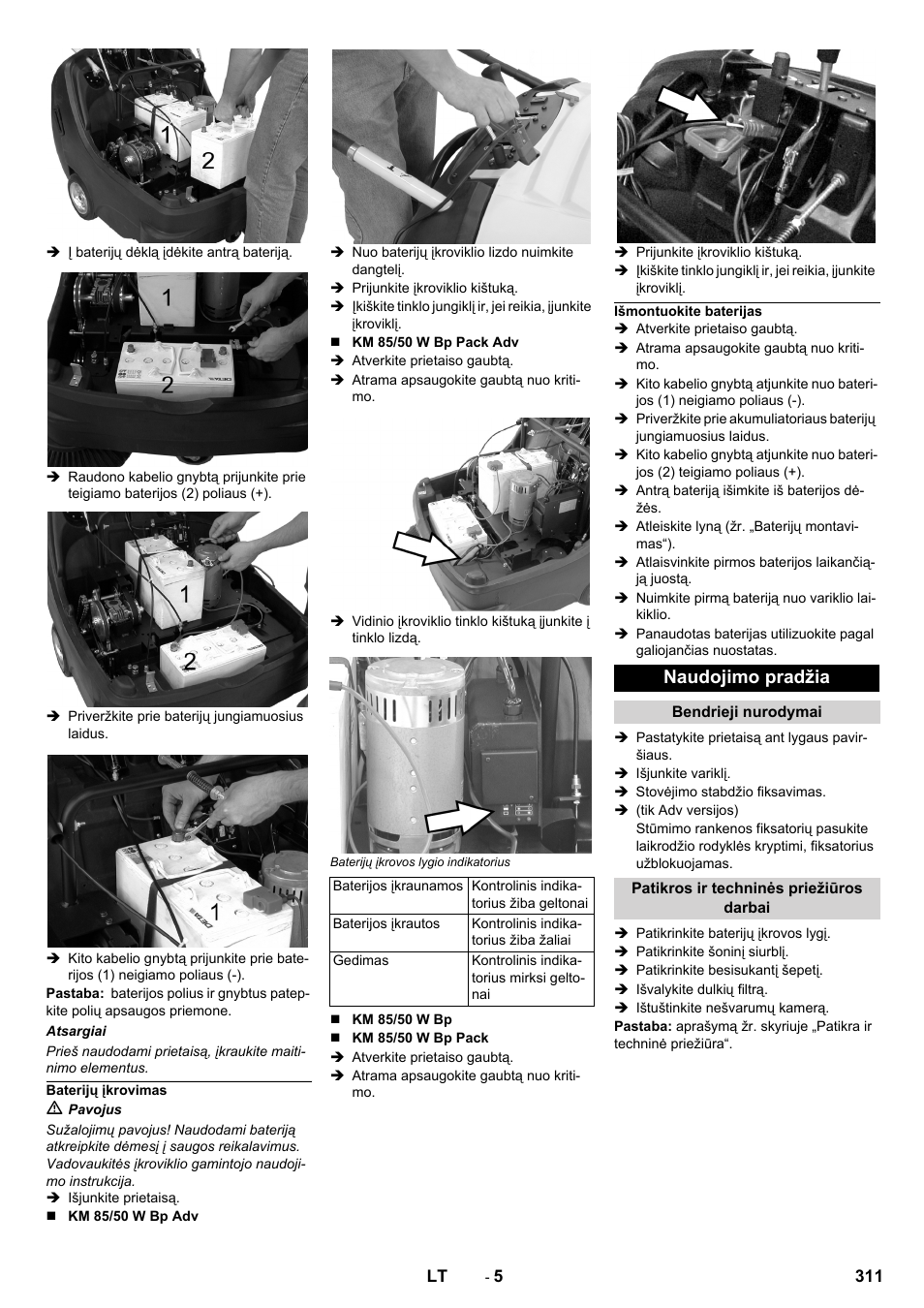 Baterijų įkrovimas, Išmontuokite baterijas, Naudojimo pradžia | Bendrieji nurodymai, Patikros ir techninės priežiūros darbai | Karcher KM 85-50 W Bp Adv User Manual | Page 311 / 336