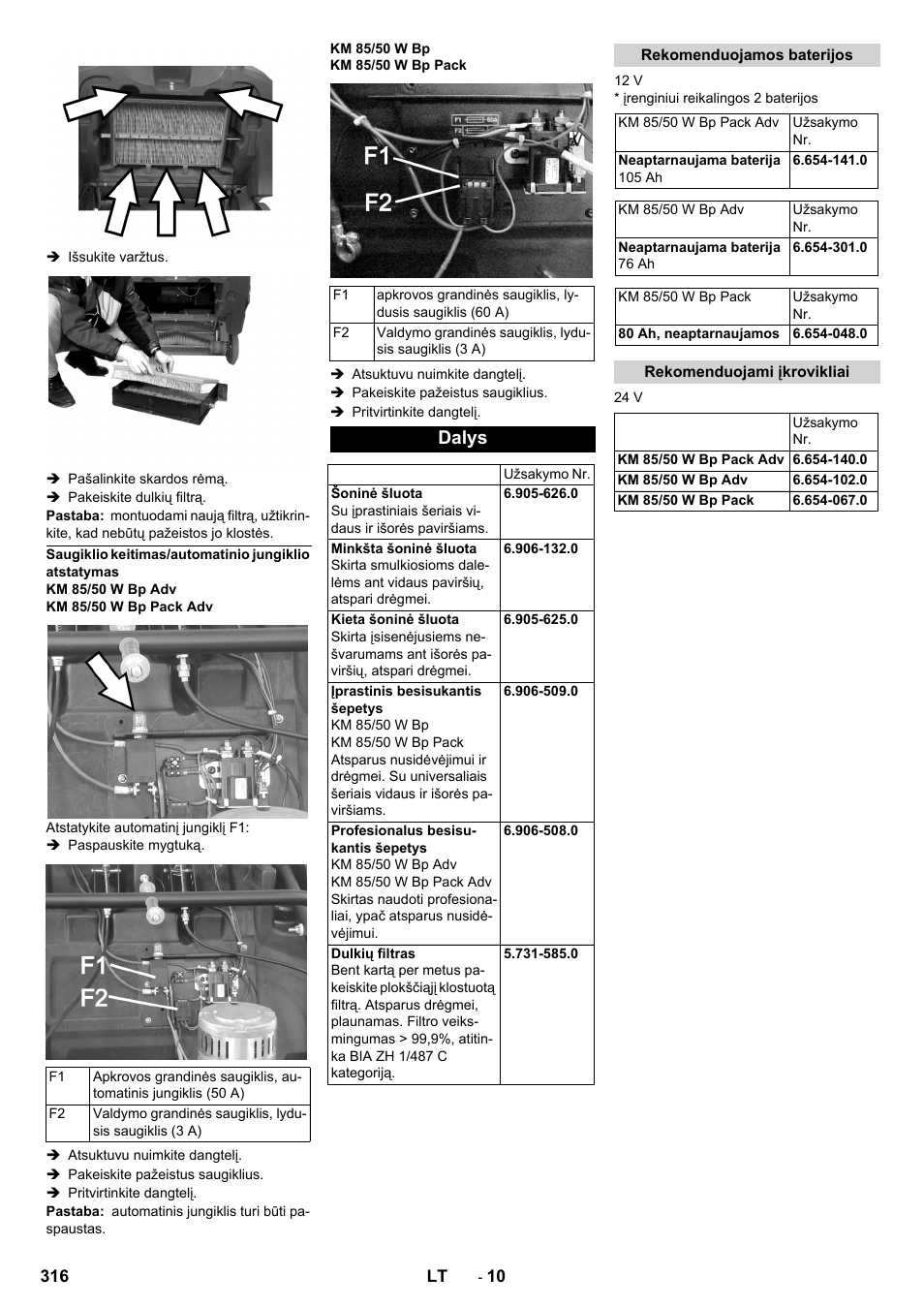 Dalys, Rekomenduojamos baterijos, Rekomenduojami įkrovikliai | Karcher KM 85-50 W Bp Adv User Manual | Page 316 / 336