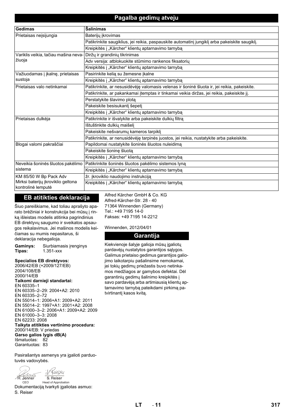 Pagalba gedimų atveju, Eb atitikties deklaracija, Garantija | Karcher KM 85-50 W Bp Adv User Manual | Page 317 / 336