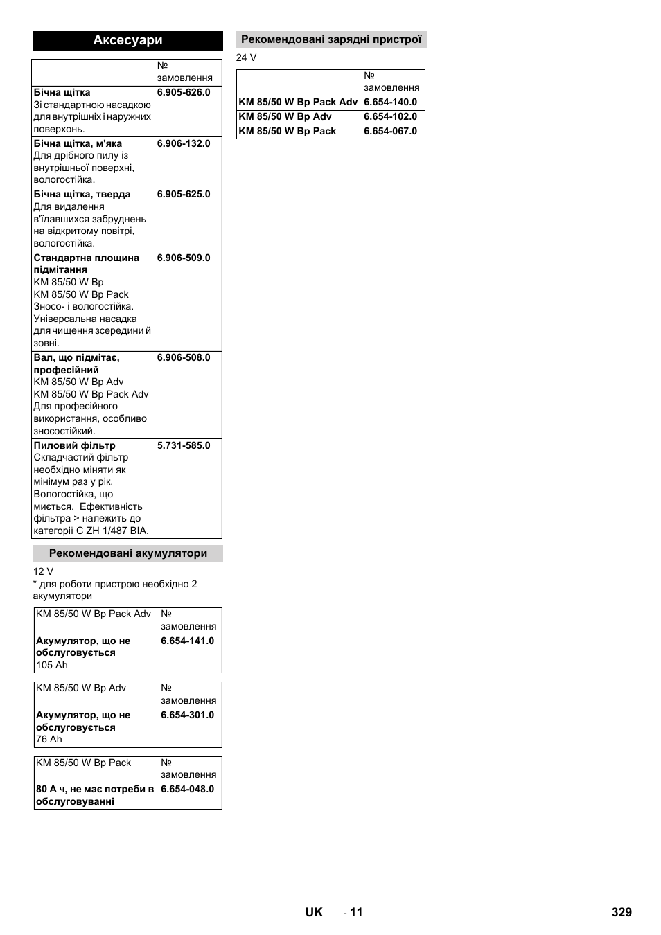 Аксесуари, Рекомендовані акумулятори, Рекомендовані зарядні пристрої | Karcher KM 85-50 W Bp Adv User Manual | Page 329 / 336