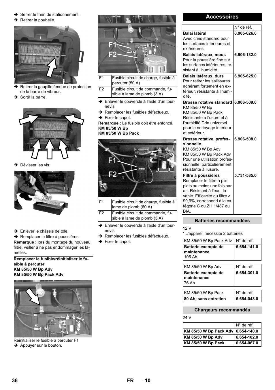 Accessoires, Batteries recommandées, Chargeurs recommandés | Karcher KM 85-50 W Bp Adv User Manual | Page 36 / 336