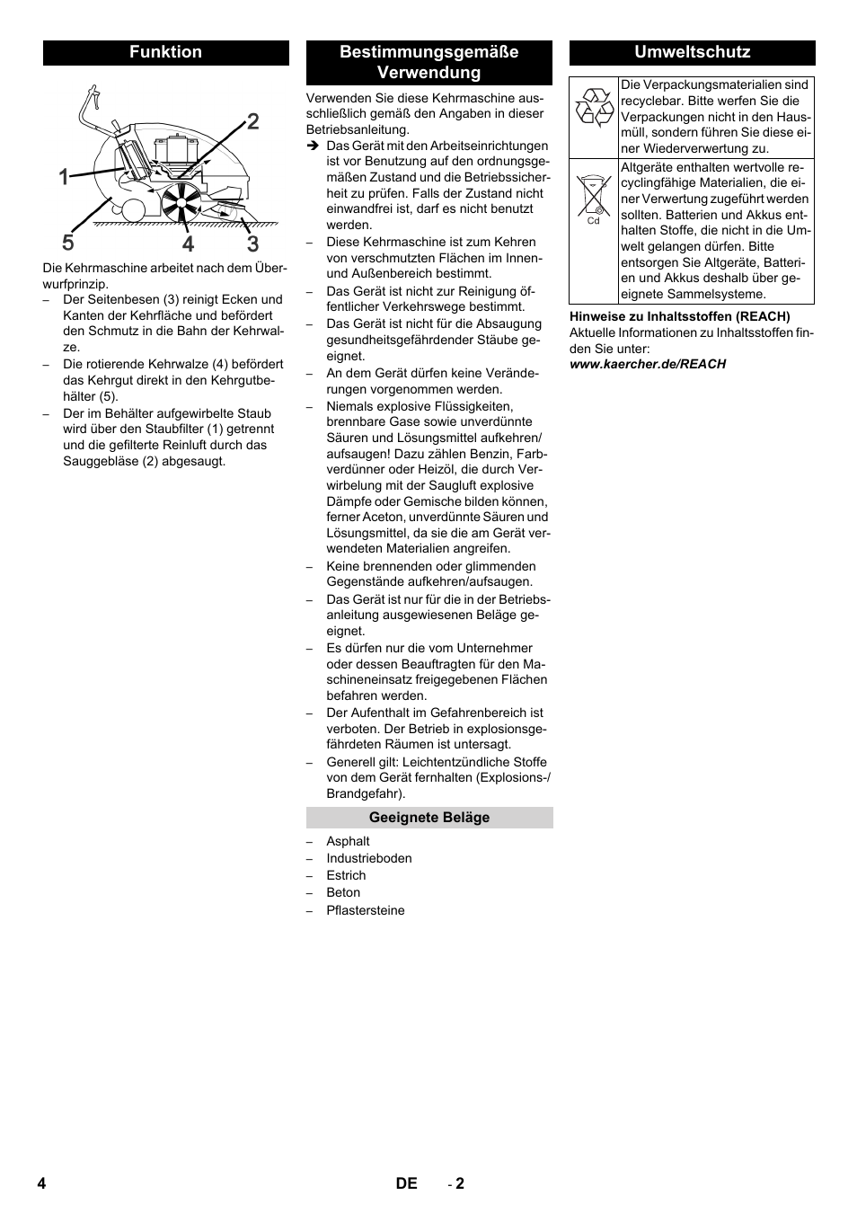 Funktion, Bestimmungsgemäße verwendung, Geeignete beläge | Umweltschutz, Funktion bestimmungsgemäße verwendung | Karcher KM 85-50 W Bp Adv User Manual | Page 4 / 336