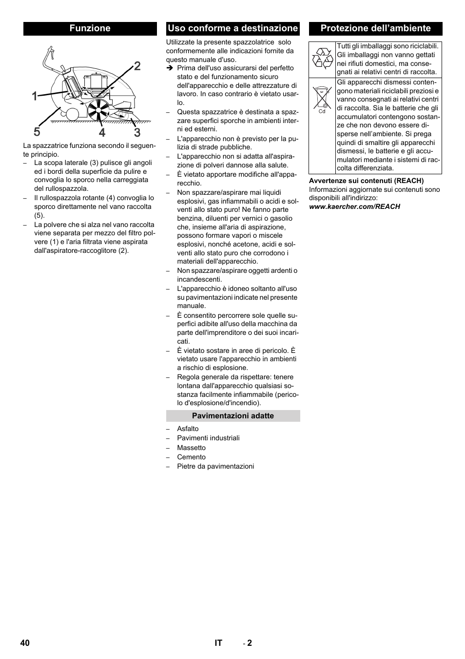 Funzione, Uso conforme a destinazione, Pavimentazioni adatte | Protezione dell’ambiente, Funzione uso conforme a destinazione | Karcher KM 85-50 W Bp Adv User Manual | Page 40 / 336