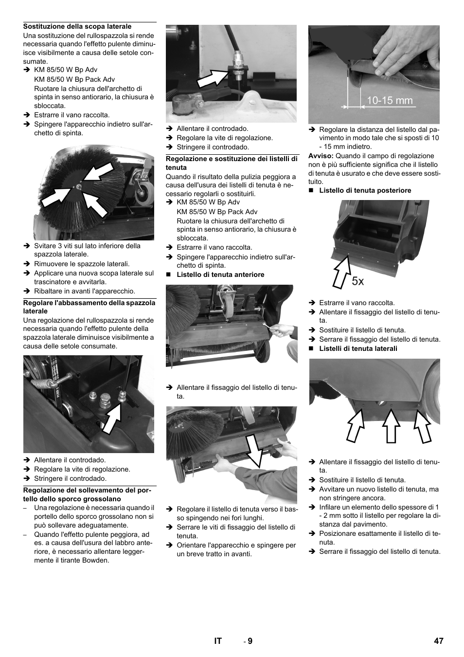 Sostituzione della scopa laterale, Regolare l'abbassamento della spazzola laterale, Regolazione e sostituzione dei listelli di tenuta | Karcher KM 85-50 W Bp Adv User Manual | Page 47 / 336