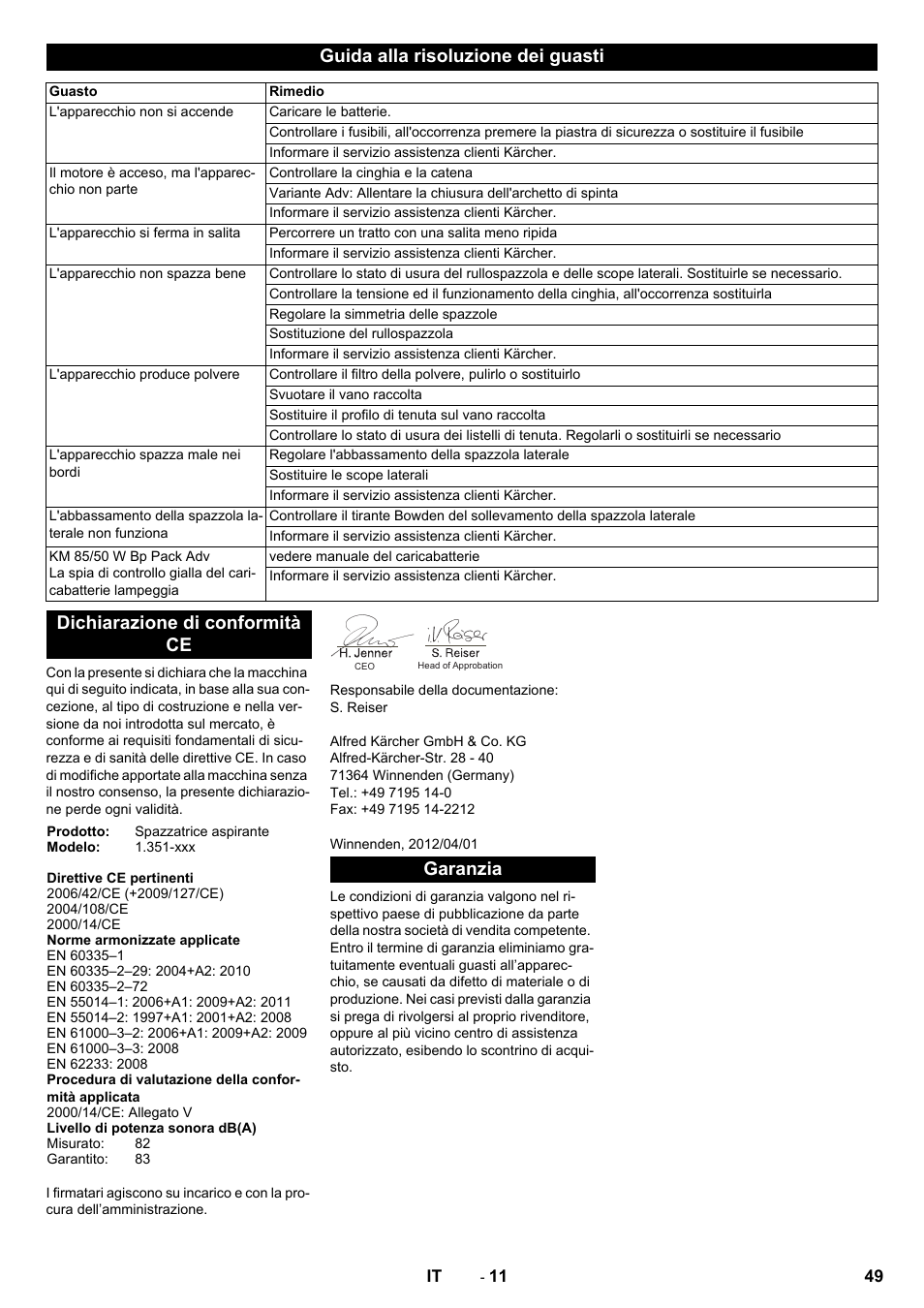 Guida alla risoluzione dei guasti, Dichiarazione di conformità ce, Garanzia | Karcher KM 85-50 W Bp Adv User Manual | Page 49 / 336