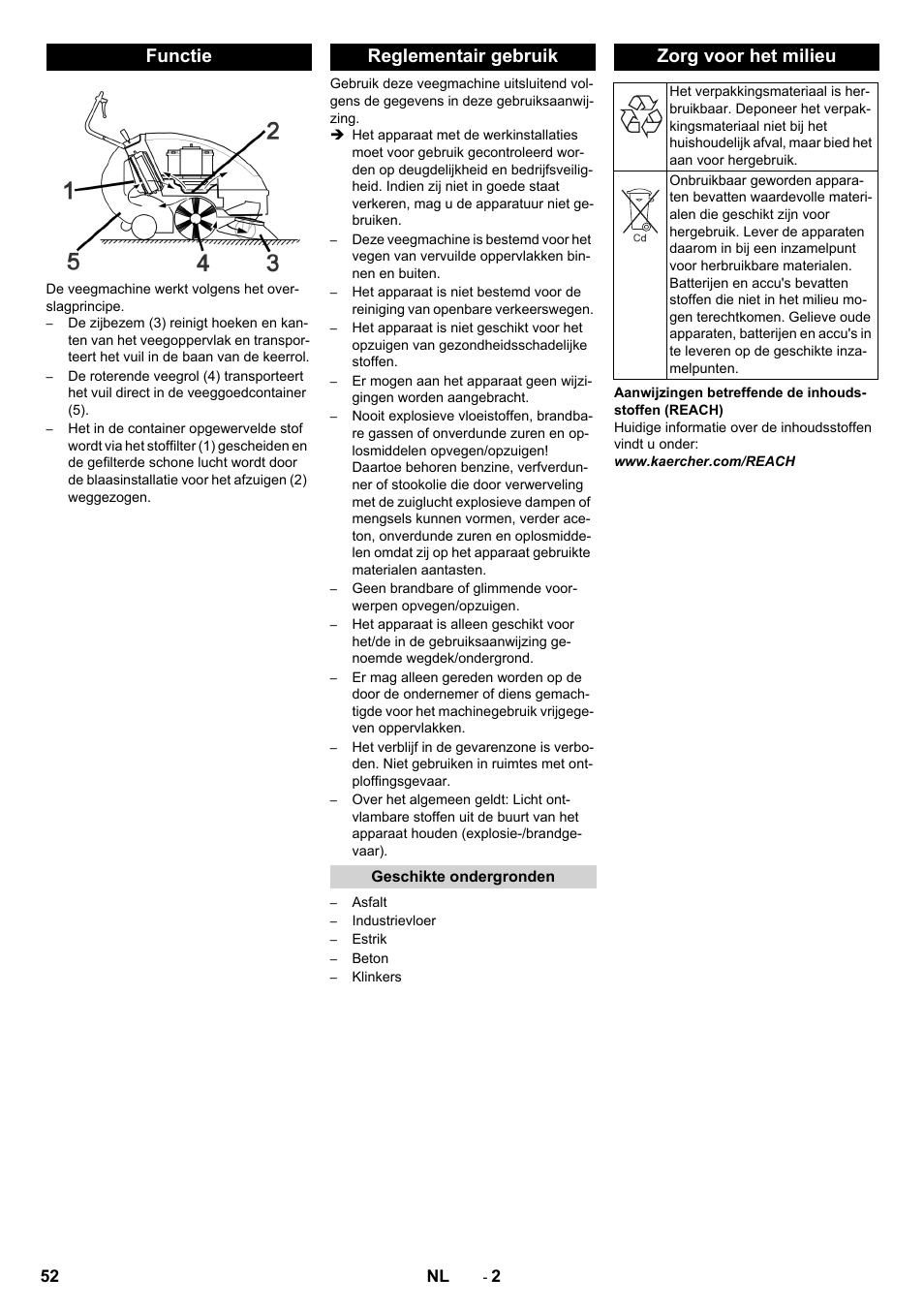 Functie, Reglementair gebruik, Geschikte ondergronden | Zorg voor het milieu, Functie reglementair gebruik | Karcher KM 85-50 W Bp Adv User Manual | Page 52 / 336
