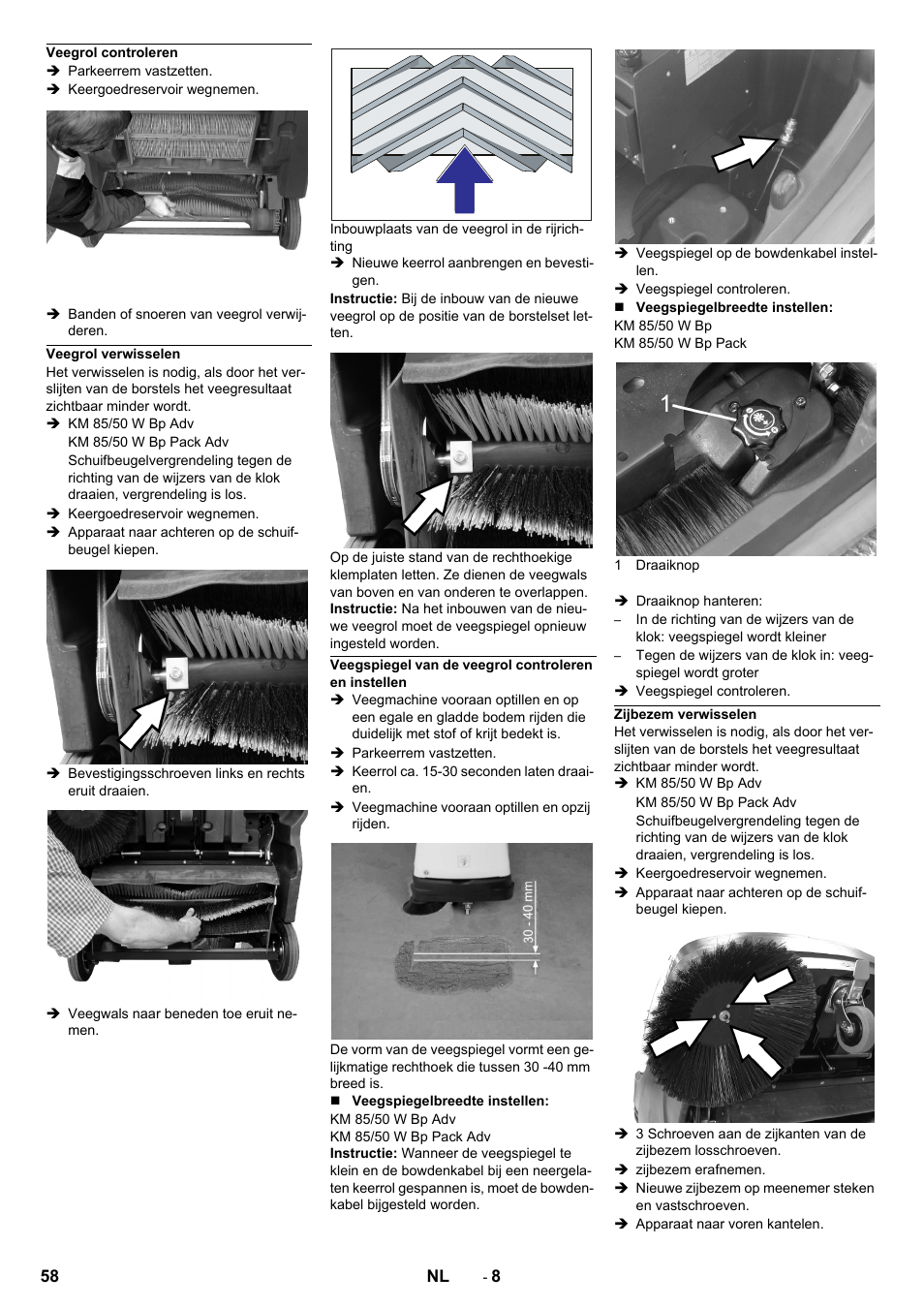 Veegrol controleren, Veegrol verwisselen, Zijbezem verwisselen | Karcher KM 85-50 W Bp Adv User Manual | Page 58 / 336
