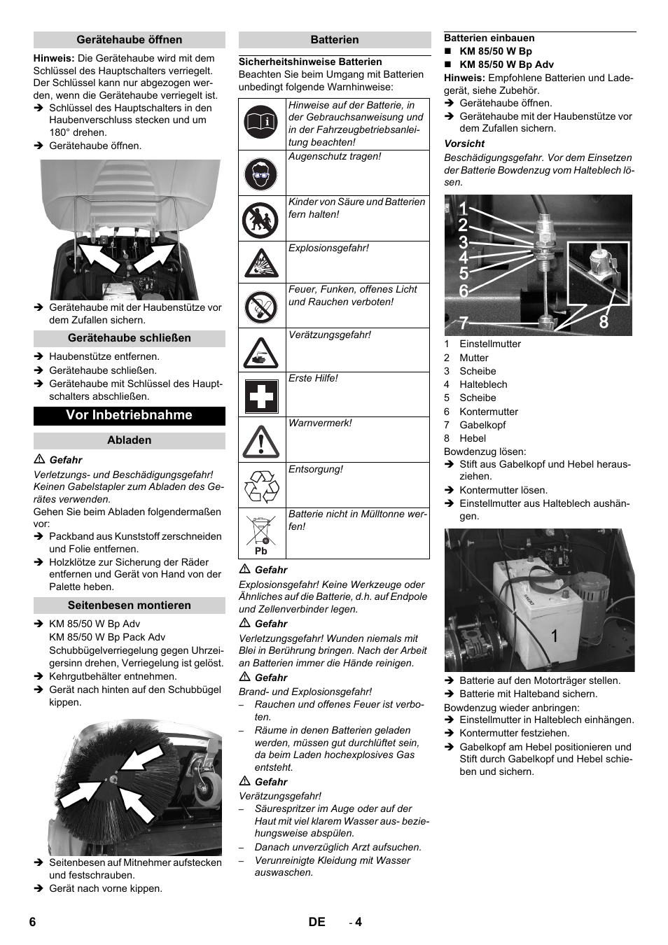 Gerätehaube öffnen, Gerätehaube schließen, Vor inbetriebnahme | Abladen, Seitenbesen montieren, Batterien, Sicherheitshinweise batterien, Batterien einbauen | Karcher KM 85-50 W Bp Adv User Manual | Page 6 / 336