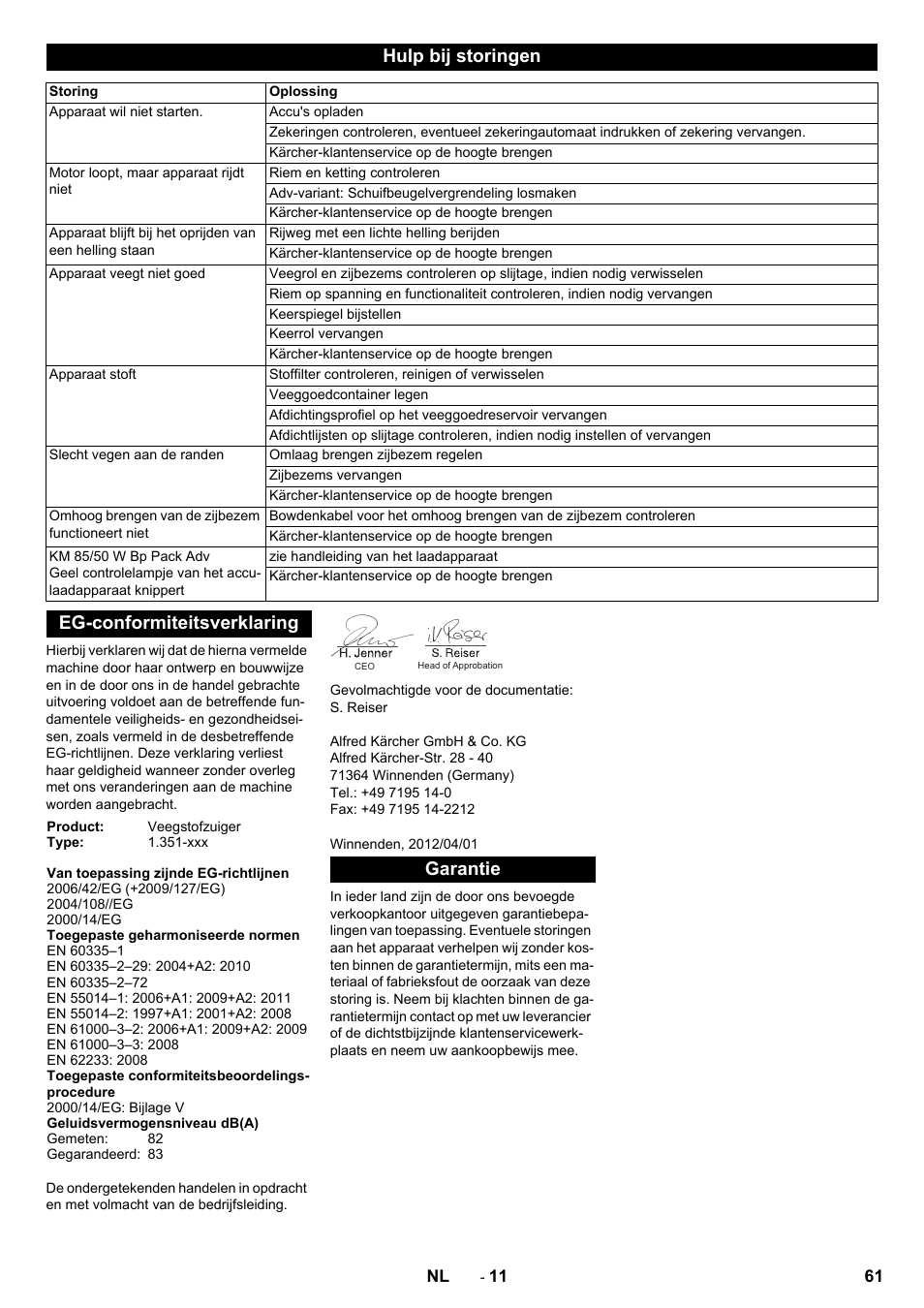 Hulp bij storingen, Eg-conformiteitsverklaring, Garantie | Karcher KM 85-50 W Bp Adv User Manual | Page 61 / 336