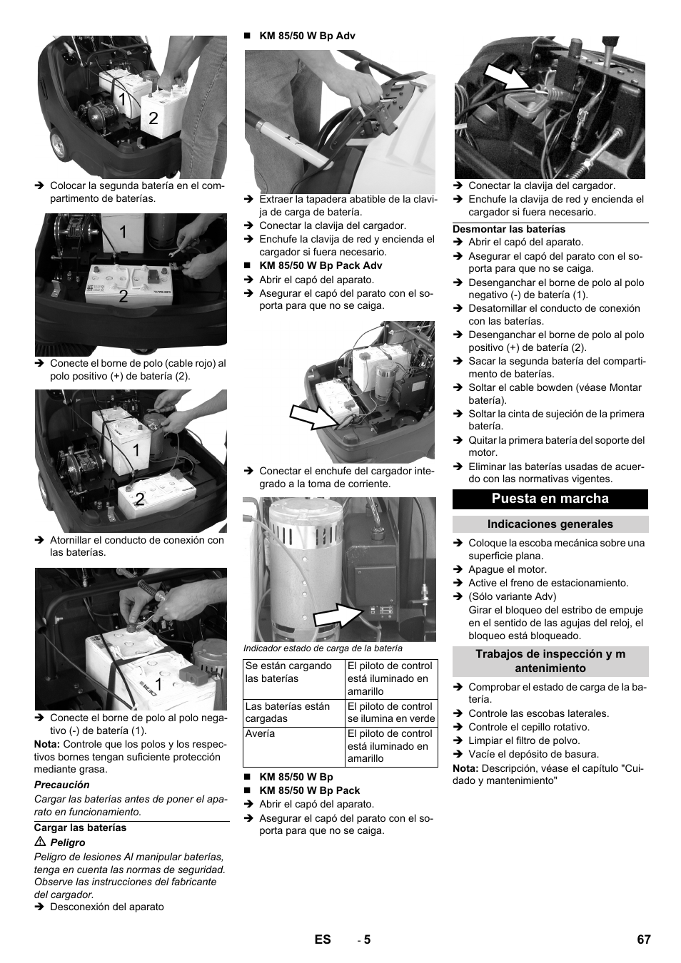 Cargar las baterías, Desmontar las baterías, Puesta en marcha | Indicaciones generales, Trabajos de inspección y m antenimiento | Karcher KM 85-50 W Bp Adv User Manual | Page 67 / 336