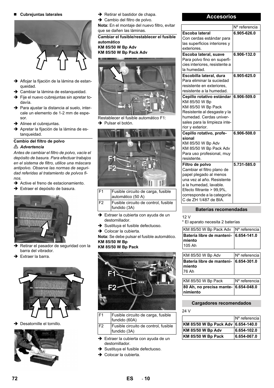 Cambio del filtro de polvo, Accesorios, Baterías recomendadas | Cargadores recomendados | Karcher KM 85-50 W Bp Adv User Manual | Page 72 / 336