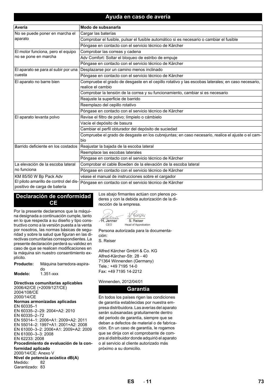 Ayuda en caso de avería, Declaración de conformidad ce, Garantía | Karcher KM 85-50 W Bp Adv User Manual | Page 73 / 336