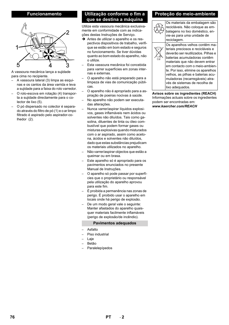 Funcionamento, Pavimentos adequados, Proteção do meio-ambiente | Karcher KM 85-50 W Bp Adv User Manual | Page 76 / 336