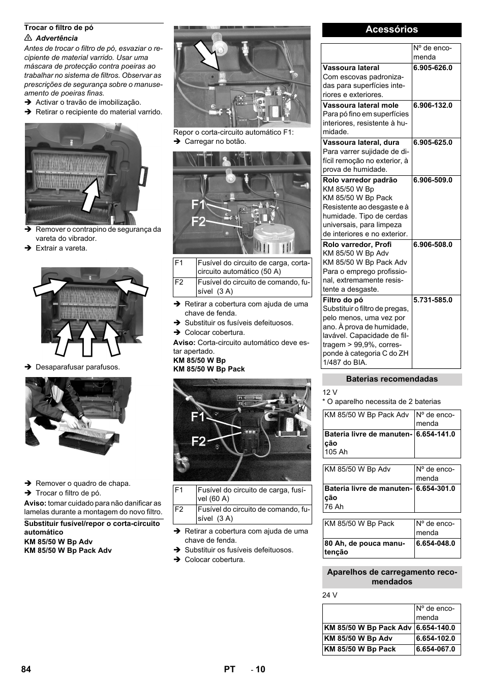 Trocar o filtro de pó, Acessórios, Baterias recomendadas | Aparelhos de carregamento recomendados | Karcher KM 85-50 W Bp Adv User Manual | Page 84 / 336
