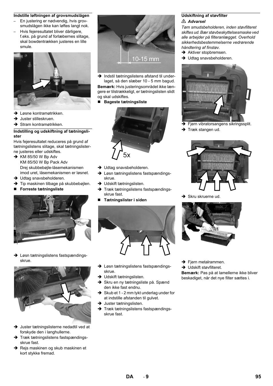Indstille løftningen af grovsmudslågen, Indstilling og udskiftning af tætningslister, Udskiftning af støvfilter | Karcher KM 85-50 W Bp Adv User Manual | Page 95 / 336