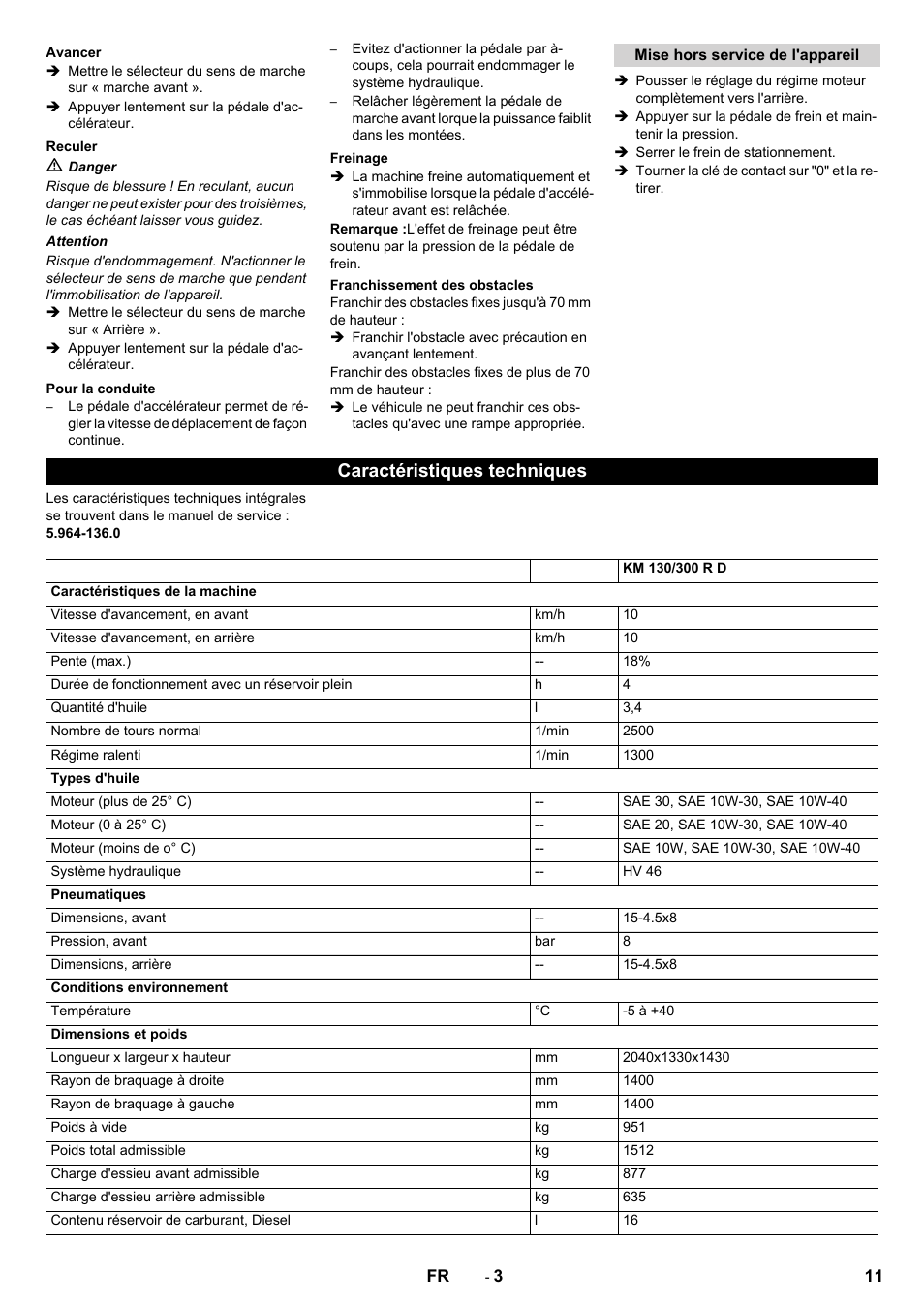 Caractéristiques techniques | Karcher KM 130-300 D User Manual | Page 11 / 96