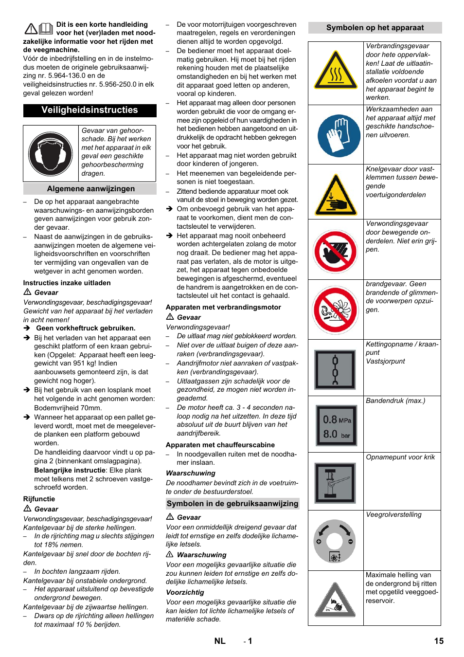 Nederlands, Veiligheidsinstructies | Karcher KM 130-300 D User Manual | Page 15 / 96